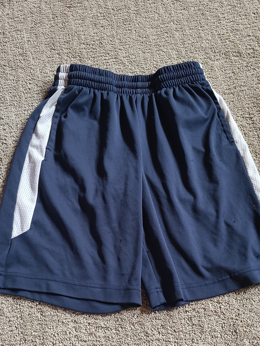 tek gear navy shorts with white mesh side stripes